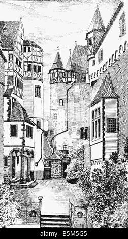 Architektur, Schlösser, Deutschland, Rheinland-Pfalz, Schloss Eltz, Hof, Holzgravur nach Zeichnung von Hermann Rehm, ca. 1890, Stockfoto