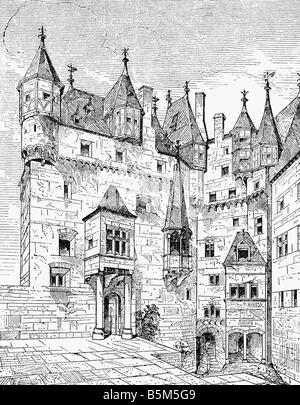 Architektur, Schlösser, Deutschland, Rheinland-Pfalz, Schloss Eltz, Hof, Holzgravur, 1892, Stockfoto