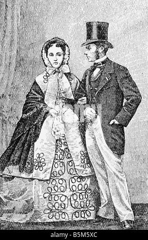 Mode, 19. Jahrhundert, Damen und Herren Mode Frankreich, Paar, Holzgravur, ca. 1860, Stockfoto