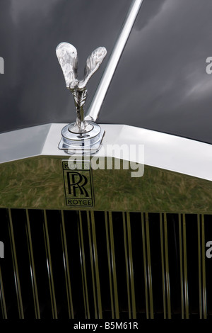 Rolls-Royce Oldtimer-Motorhaube mit verchromten Kühlergrill und Reflexionen Stockfoto