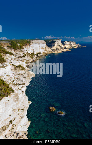 Ufer und hohen Klippen von Le Haute Ville hohe Stadt Bonifacio Korsika Mittelmeer Meer Felsen Sand weiß Stockfoto