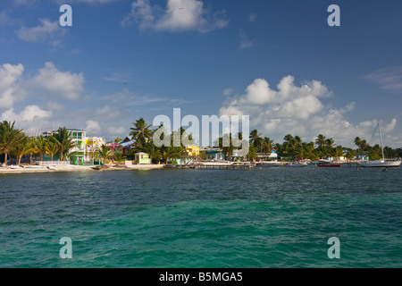 CAYE CAULKER, BELIZE - Waterfront zeigt Hotels Häuser und Palmen Stockfoto