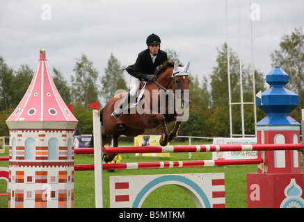 Pferdesport Jumper gefangen in der Mitte springen mit Gras- und weiße Zäune im Hintergrund Stockfoto