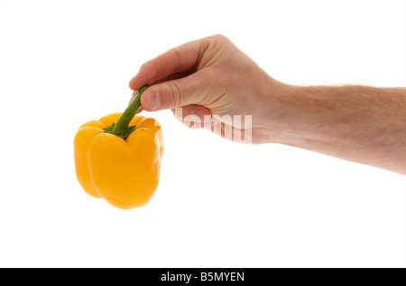 Mans männlichen richtige ausgestreckte Hand hält eine gelbe Paprika Gemüse vor einem weißen Hintergrund Stockfoto