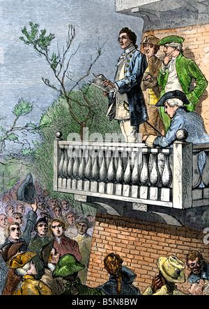 John Nixon Lesen der Unabhängigkeitserklärung in Philadelphia, 8. Juli 1776. Hand - farbige Holzschnitt Stockfoto