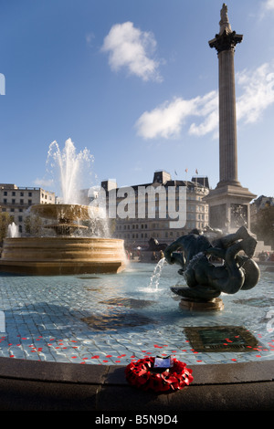 Ein Denkmal Kranz von Mohn auf der Seite ein Brunnen am Trafalgar Square, Nelsons Säule im Hintergrund. Stockfoto