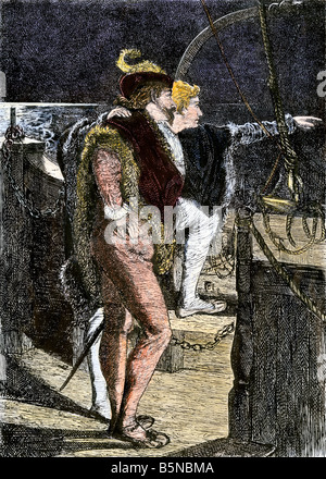 Columbus, seinen ersten Blick in die neue Welt von der Plattform des Santa Maria 1492. Hand - farbige Holzschnitt Stockfoto
