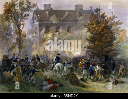 Auf der Richter kauen Haus während der Schlacht von Germantown Pennsylvania 1777 Angriff. Handcolorierte Stahlstich Stockfoto