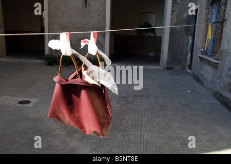 alte Frau Tasche als eine Peg Behälterhalter auf Wäscheleine in Italien Stockfoto