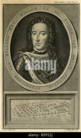 Antiken Gravur von William III. Eine Flotte von Schiffen ist unten dargestellt. Stockfoto
