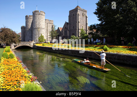 Mann, Stechkahn fahren Touristen entlang der Westgate Gärten am Fluss Stour Canterbury Kent, UK Stockfoto