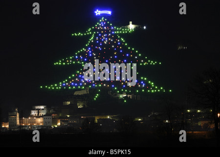 Der größte Weihnachtsbaum der Welt. Gubbio, Umbrien, Italien. Stockfoto