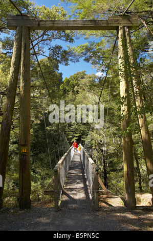 Menschen auf der Hängebrücke über Rai Fluss am Pelorus Bridge Marlborough Südinsel Neuseeland Stockfoto