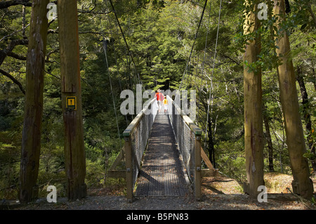 Menschen auf der Hängebrücke über Rai Fluss am Pelorus Bridge Marlborough Südinsel Neuseeland Stockfoto