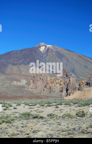 Blick auf den Teide über Lavafelder vom Aussichtspunkt, Parque Nacional del Teide, Teneriffa, Kanarische Inseln, Spanien Stockfoto