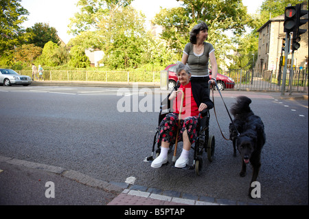 Tochter Mutter im Rollstuhl auf der anderen Straßenseite an der Ampel drücken, während zwei Hunde halten auf führt Cambridge UK Stockfoto