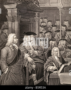 Das Unterhaus in der Verwaltung von Sir Robert Walpole. Den Vorsitz führt Arthur Onslow, rechts Robert Walpole. Stockfoto