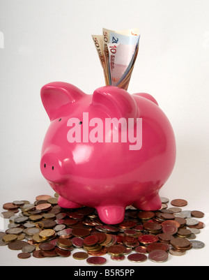 halbe Seitenprofil ein rosa Sparschwein mit Euro-Banknoten kleben aus ihm heraus. Stockfoto