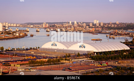 Overhead Antenne David Beckham Soccer Academy in Greenwich London Thames Barrier, Fußballschule Fähigkeiten Stockfoto