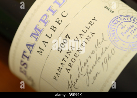 Argentinischen Malbec Flasche Rotwein Etikett aus der Länge Valley Region von Argentinien Stockfoto