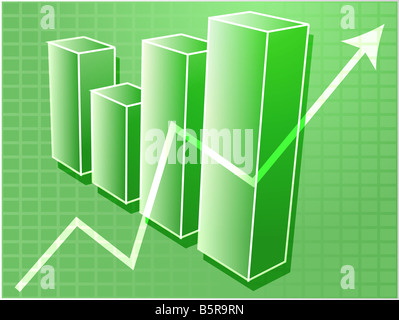 Drei d Balkendiagramm und nach oben richten Graph finanzielle Diagramm Abbildung über Quadratgitter Stockfoto