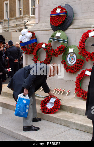 Eine Veteran legt einen Kranz am Fuße des Cenotaph in London am 11. Nov. Stockfoto