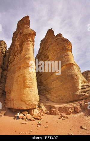 Der Tourist am unteren riesige Felsen der wunderlichen Form im Timna Park in Israel Stockfoto