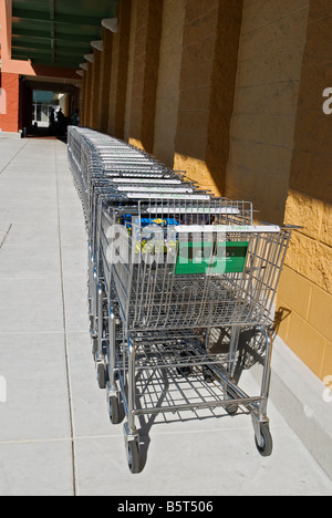 Line-up von Einkaufswagen vor Supermarkt Stockfoto