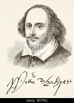 William Shakespeare, 1564-1616. Englischer Dichter, Dramatiker, Schauspieler. Porträt und Unterschrift. Stockfoto