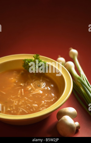 Nahaufnahme von Hähnchen Nudelsuppe in eine Schüssel geben Stockfoto