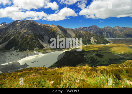 Mueller-See und Fluss Hooker, Hooker Valley, Mt Cook Nationalpark, Südalpen, World Heritage Süd-West New Seeland, Stockfoto