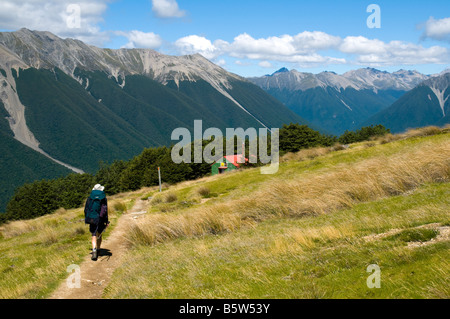 Nähert sich der Bergsteigerausrüstung Hütte am Mount Robert, in der Nähe von St Arnaud, Nelson-Lakes-Nationalpark, Südinsel, Neuseeland Stockfoto