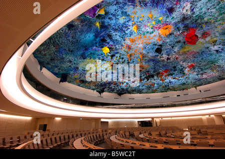 Decke Skulptur in Menschenrechte und Allianz der Zivilisationen Kammer, Palais des Nations, Genf, Schweiz Stockfoto