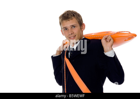 Geschäftsmann mit dem Rettungsring Stockfoto