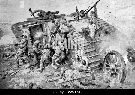 Zeitgenössische Weltkrieg einer Illustration von einem vergeblichen Angriff von deutschen Soldaten auf ein britischer Panzer in Frankreich. Stockfoto