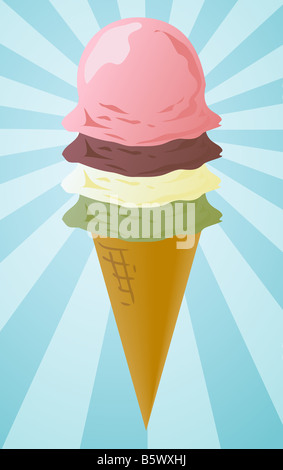 Ice Cream cone Abbildung drei Kugeln radial platzen Hintergrund Stockfoto