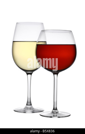 Brille von roten und weißen Wein Ausschnitt isoliert auf weißem Hintergrund Stockfoto