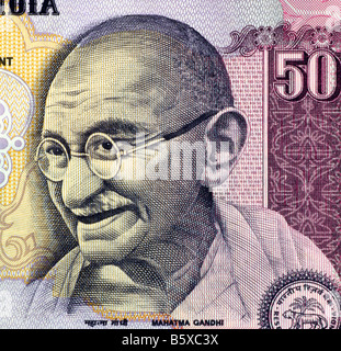 Gandhi auf 50 Rupien-Banknote aus Indien Stockfoto