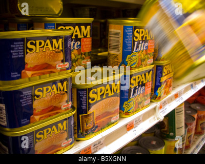 Dosen von Spam durch Hormel auf einem Supermarktregal in New York zu sehen sind Stockfoto