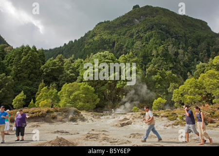 Das Cozido Kochen Feld in Furnas, São Miguel, Azoren. Sie können Löcher in den Boden sehen, wo sie den Cozido zum Kochen bringen. Stockfoto