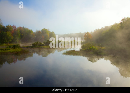 Morgennebel über mittlere Ast Moose River in der alten Schmiede in den Adirondack Mountains des Staates New York Stockfoto