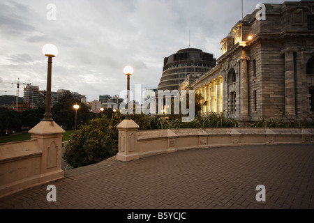 Bienenstock und Parliament House Wellington Neuseeland Stockfoto