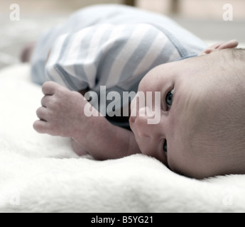 Bild von Baby Boy auf flauschige Decke liegend beschnitten Stockfoto