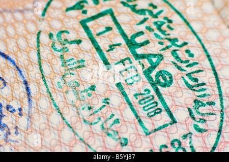 Visum/Pass-Stempel für die Einreise in die Vereinigten Arabischen Emirate mit Datum 14. Februar 2008 Stockfoto