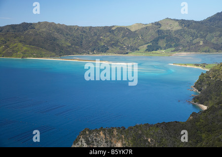 Aqua-Farm Wainui Bay Golden Bay Nelson Region Südinsel Neuseeland-Antenne Stockfoto