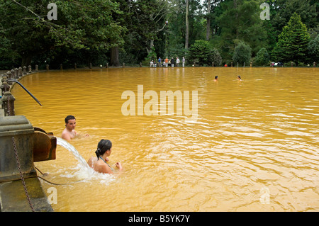 Schwimmer im heißen mineralischen Thermalquellbecken bei Terra Nostra botanischen Garten Furnas Sao Miguel Azoren-Portugal Stockfoto