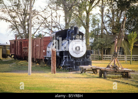 Klassische Dampfmaschine mit alten Kiste Güterwagen im Eisenbahnmuseum, Gesetz, Kalifornien Stockfoto