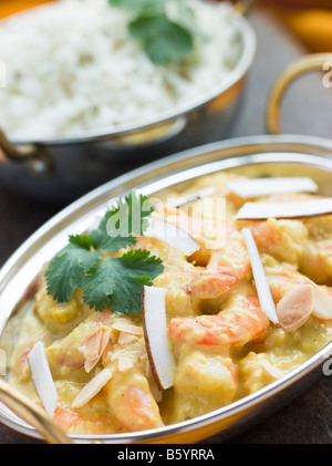 Tiger Garnele Korma Restaurant Stil mit Basmati-Reis Stockfoto