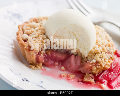 Rhabarber Crumble-Tarte mit Vanilleeis Stockfoto