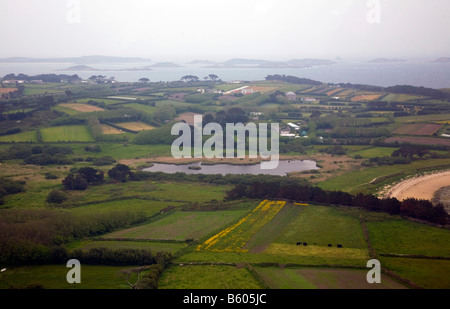 Blick auf Porth Hellick St. Mary s Scilly-Inseln aus dem Hubschrauber Stockfoto